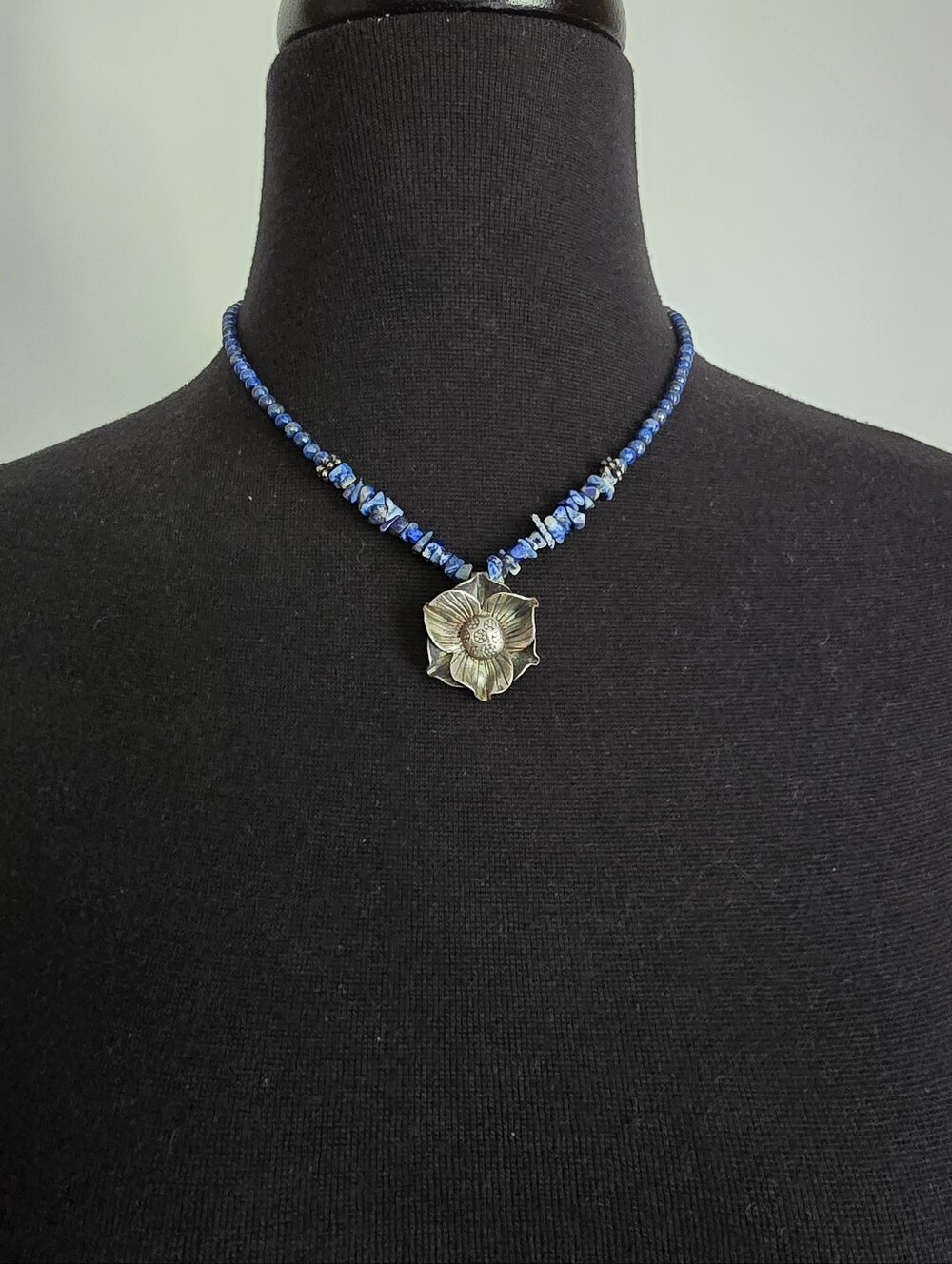 Vintage Handmade Sodalite Beaded Necklace with Sterling Silver Floral Pendant